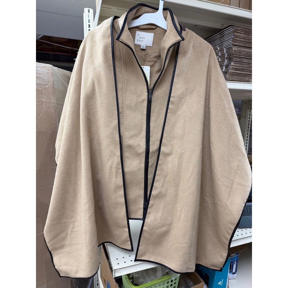 A New Day Jacket with Shawl Women Medium Tan NWOT Zip Front Cape Trim